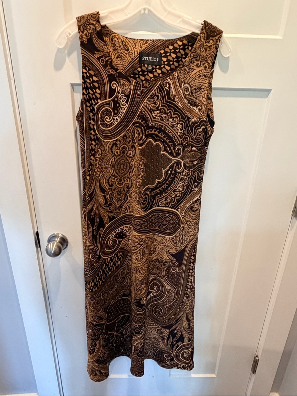 Studio I Size 10 Paisley Sheath Dress Brown Tan Sleeveless Career Church